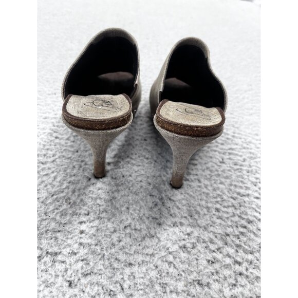 Women's Donald J Pliner Taupe Shimmery Peep Toe Slip On Studded Heels Size 6.5 M - Picture 7 of 12